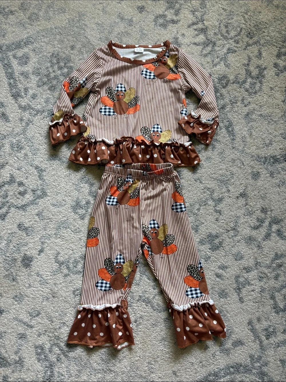 Girls Brown Turkey Print Ruffle Outfit
